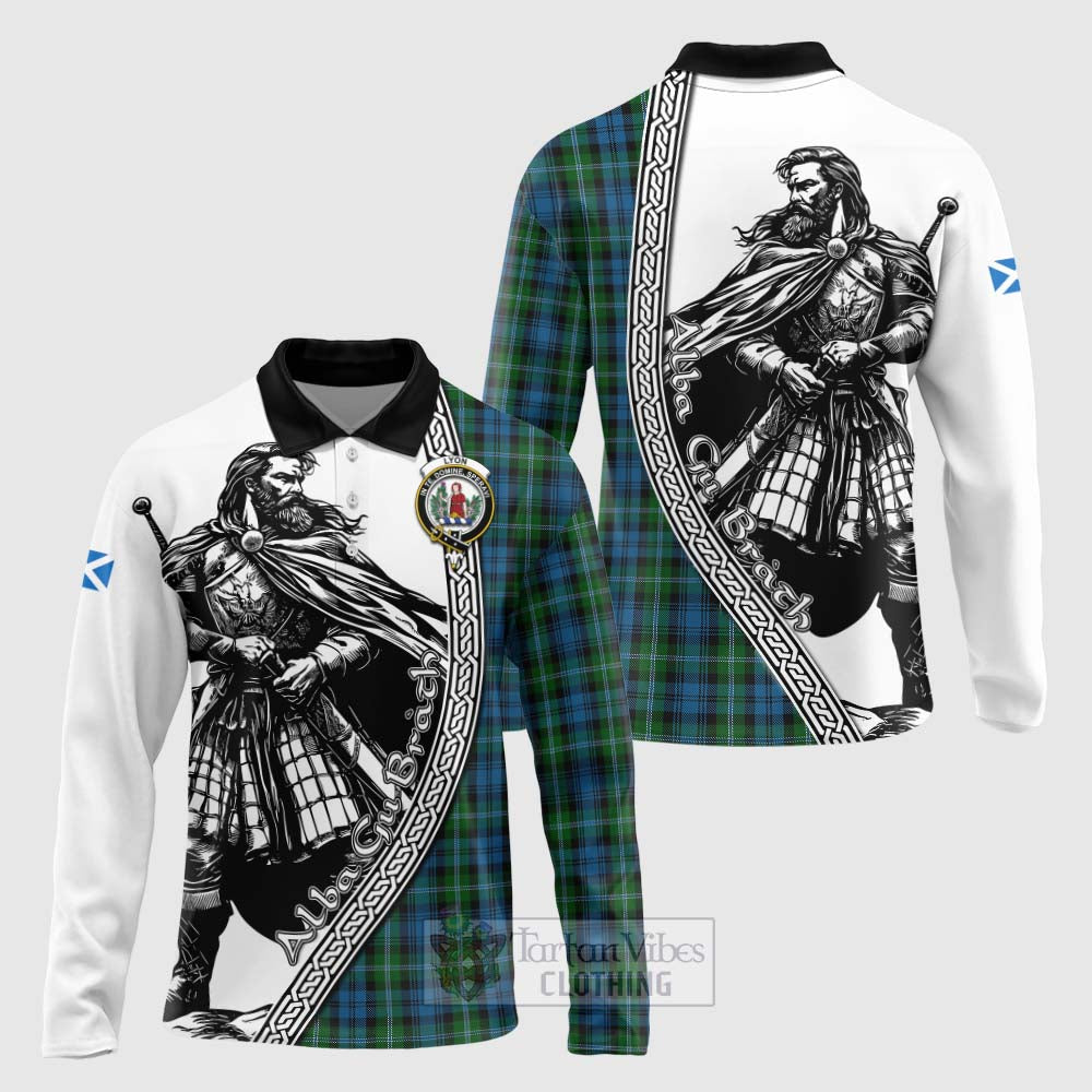 Lyon Tartan Clan Crest Long Sleeve Polo Shirt with Highlander Warrior Celtic Style Unisex - Tartan Vibes Clothing