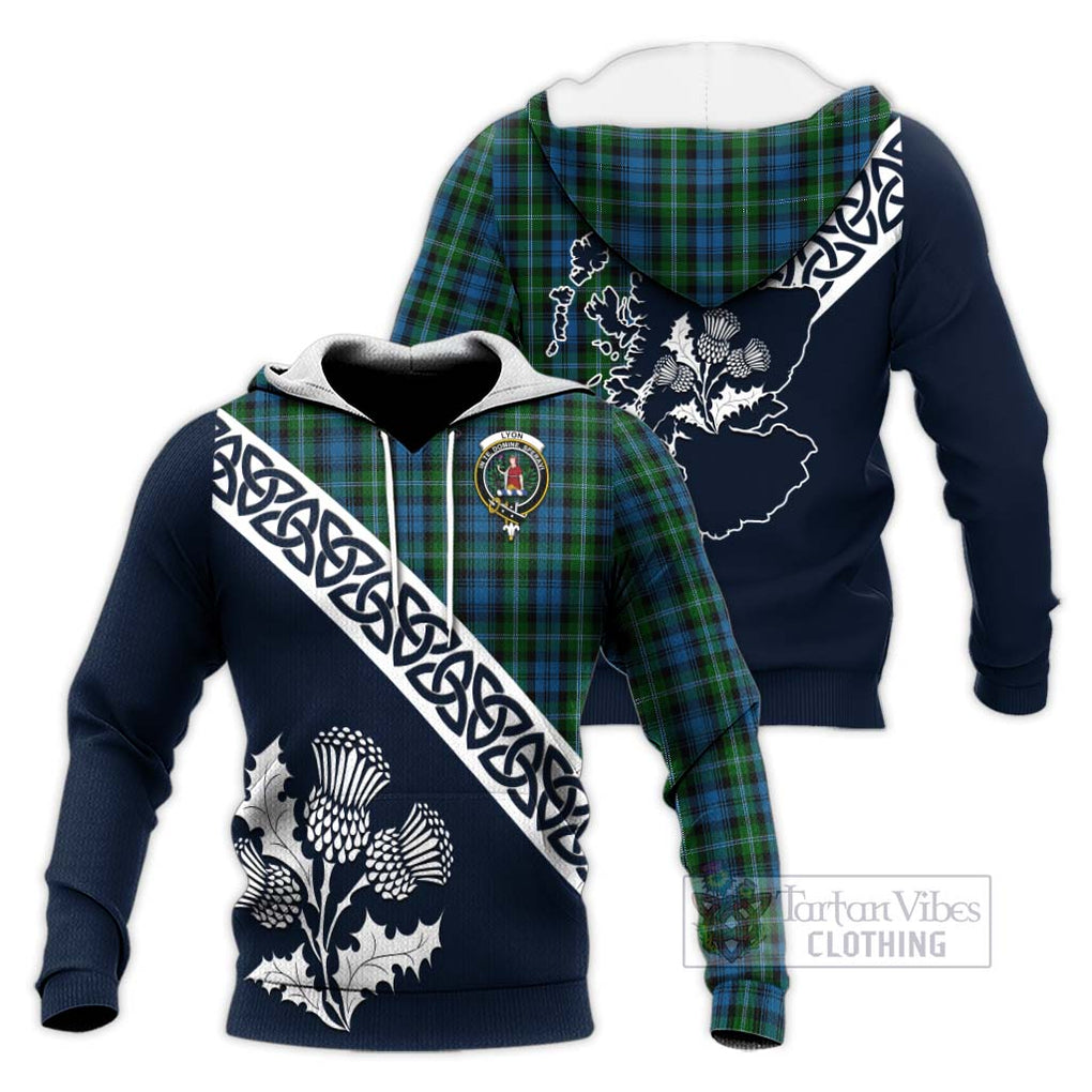 Lyon Tartan Knitted Hoodie Featuring Thistle and Scotland Map Unisex Knitted Pullover Hoodie - Tartan Vibes Clothing