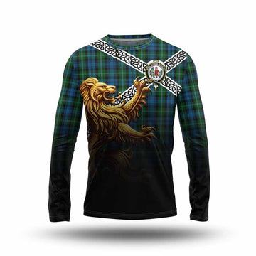 Lyon Crest Tartan Long Sleeve T-Shirt with Golden Lion Emblem Celtic Style Unisex - Tartan Vibes Clothing