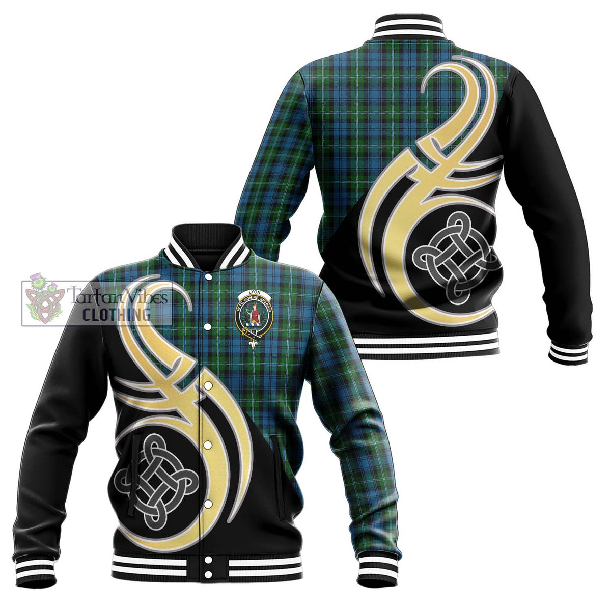 Lyon Tartan Baseball Jacket with Family Crest and Celtic Symbol Style Unisex - Tartan Vibes Clothing
