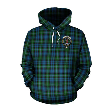 Lyon Tartan Cotton Hoodie with Family Crest and Bearded Skull Holding Bottles of Whiskey Pullover Hoodie XS - Tartan Vibes Clothing