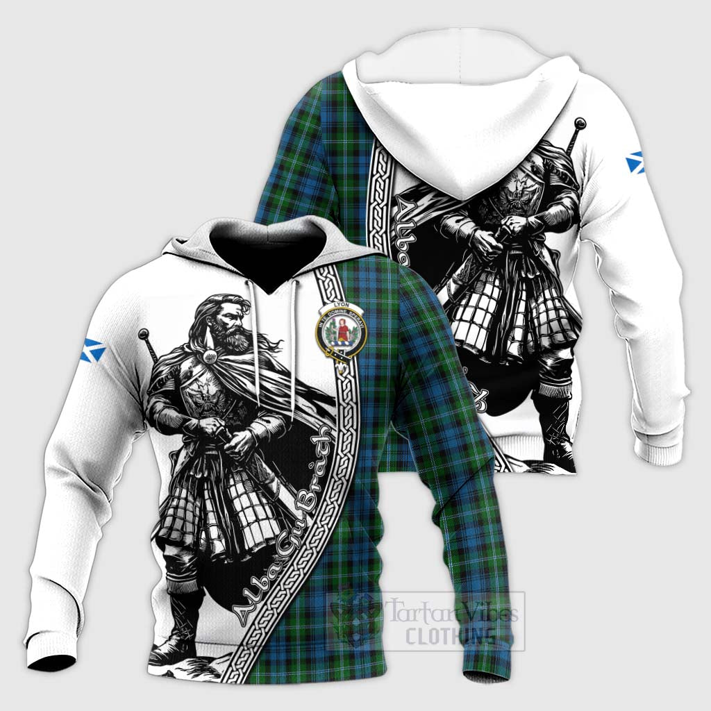Lyon Tartan Clan Crest Knitted Hoodie with Highlander Warrior Celtic Style Unisex Knitted Pullover Hoodie - Tartan Vibes Clothing