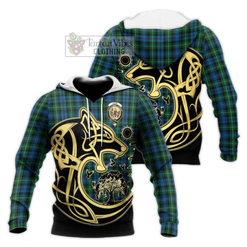 Lyon Tartan Knitted Hoodie with Family Crest Celtic Wolf Style Unisex Knitted Pullover Hoodie - Tartan Vibes Clothing
