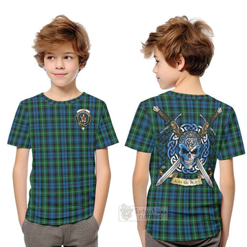 Lyon Tartan Kid T-Shirt with Family Crest Celtic Skull Style