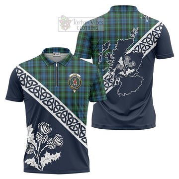 Lyon Tartan Zipper Polo Shirt Featuring Thistle and Scotland Map