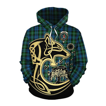 Lyon Tartan Cotton Hoodie with Family Crest Celtic Wolf Style Pullover Hoodie XS - Tartan Vibes Clothing