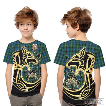 Lyon Tartan Kid T-Shirt with Family Crest Celtic Wolf Style