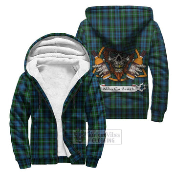 Lyon Tartan Sherpa Hoodie with Family Crest and Bearded Skull Holding Bottles of Whiskey Unisex S - Tartan Vibes Clothing
