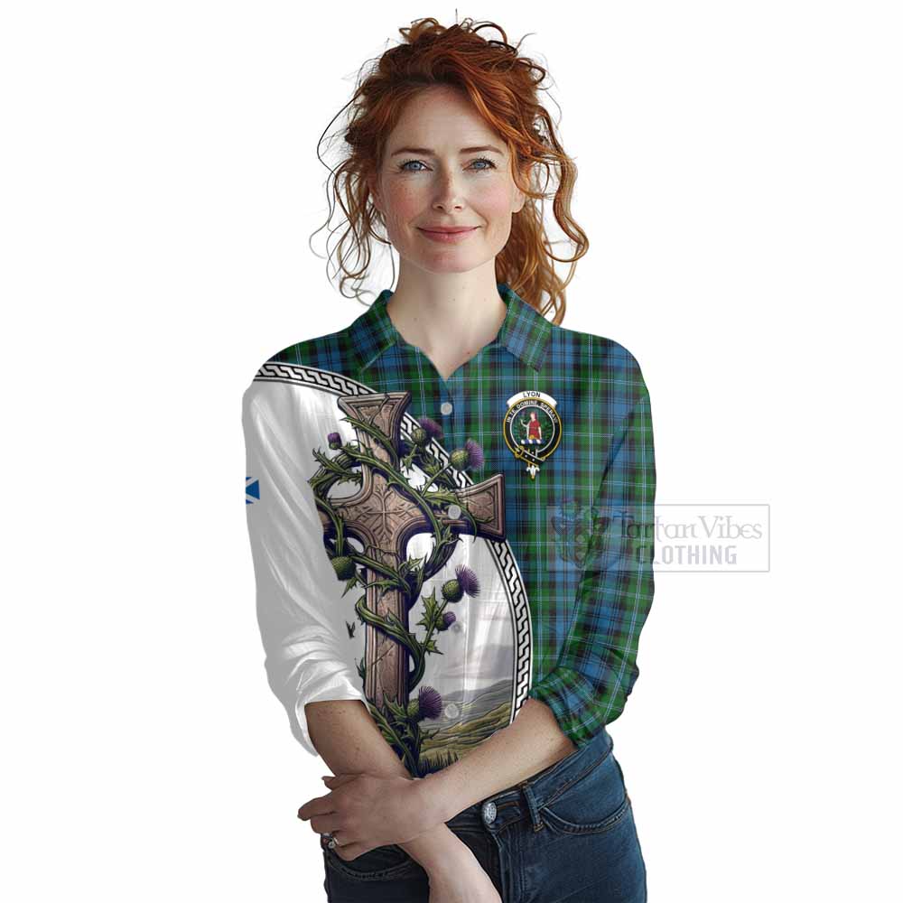 Tartan Vibes Clothing Lyon Tartan Women's Casual Shirt with Family Crest and St. Andrew's Cross Accented by Thistle Vines