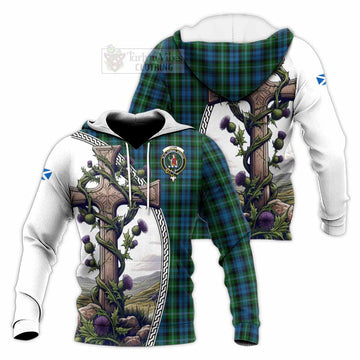 Lyon Tartan Knitted Hoodie with Family Crest and St. Andrew's Cross Accented by Thistle Vines Unisex Knitted Pullover Hoodie - Tartan Vibes Clothing