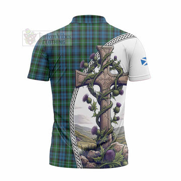 Lyon Tartan Zipper Polo Shirt with Family Crest and St. Andrew's Cross Accented by Thistle Vines - Tartan Vibes Clothing