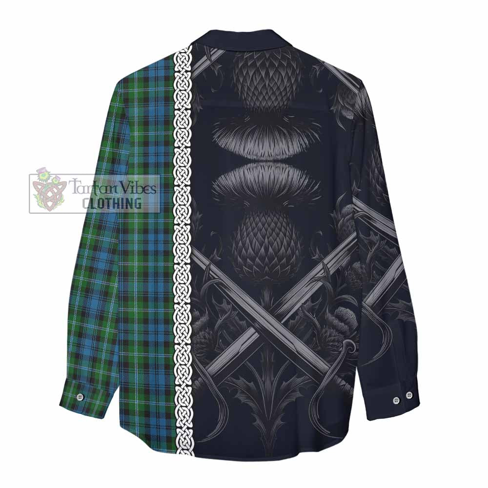 Tartan Vibes Clothing Lyon Tartan Women's Casual Shirt with Family Crest Cross Sword Thistle Celtic Vibes