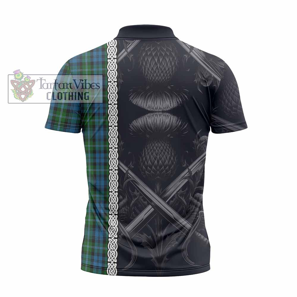 Tartan Vibes Clothing Lyon Tartan Zipper Polo Shirt with Family Crest Cross Sword Thistle Celtic Vibes