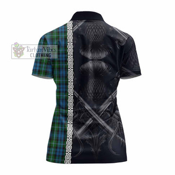 Lyon Tartan Women's Polo Shirt with Family Crest Cross Sword Thistle Celtic Vibes