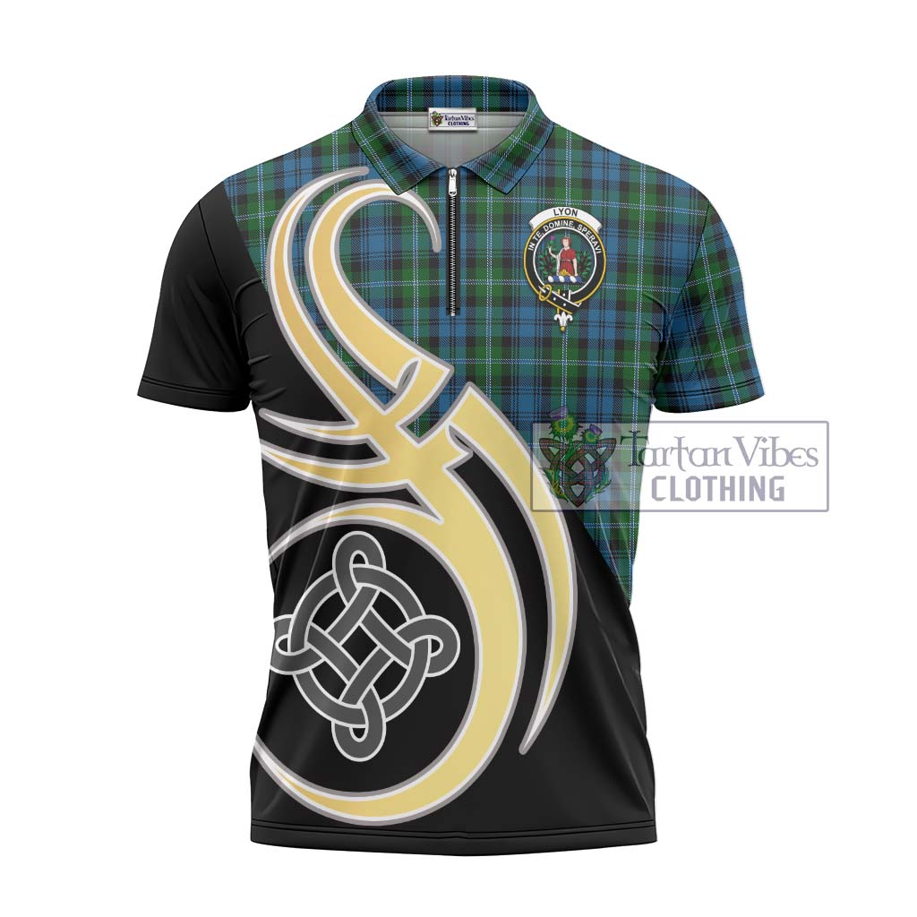 Tartan Vibes Clothing Lyon Tartan Zipper Polo Shirt with Family Crest and Celtic Symbol Style