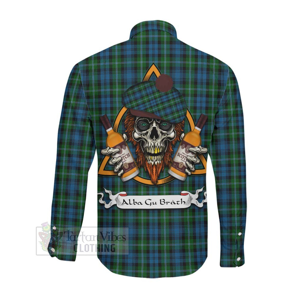 Tartan Vibes Clothing Lyon Tartan Long Sleeve Button Shirt with Family Crest and Bearded Skull Holding Bottles of Whiskey