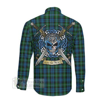 Lyon Tartan Long Sleeve Button Shirt with Family Crest Celtic Skull Style