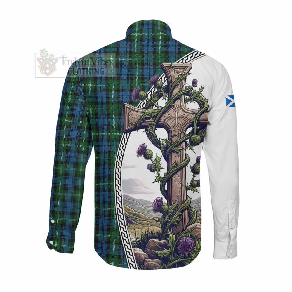 Tartan Vibes Clothing Lyon Tartan Long Sleeve Button Shirt with Family Crest and St. Andrew's Cross Accented by Thistle Vines