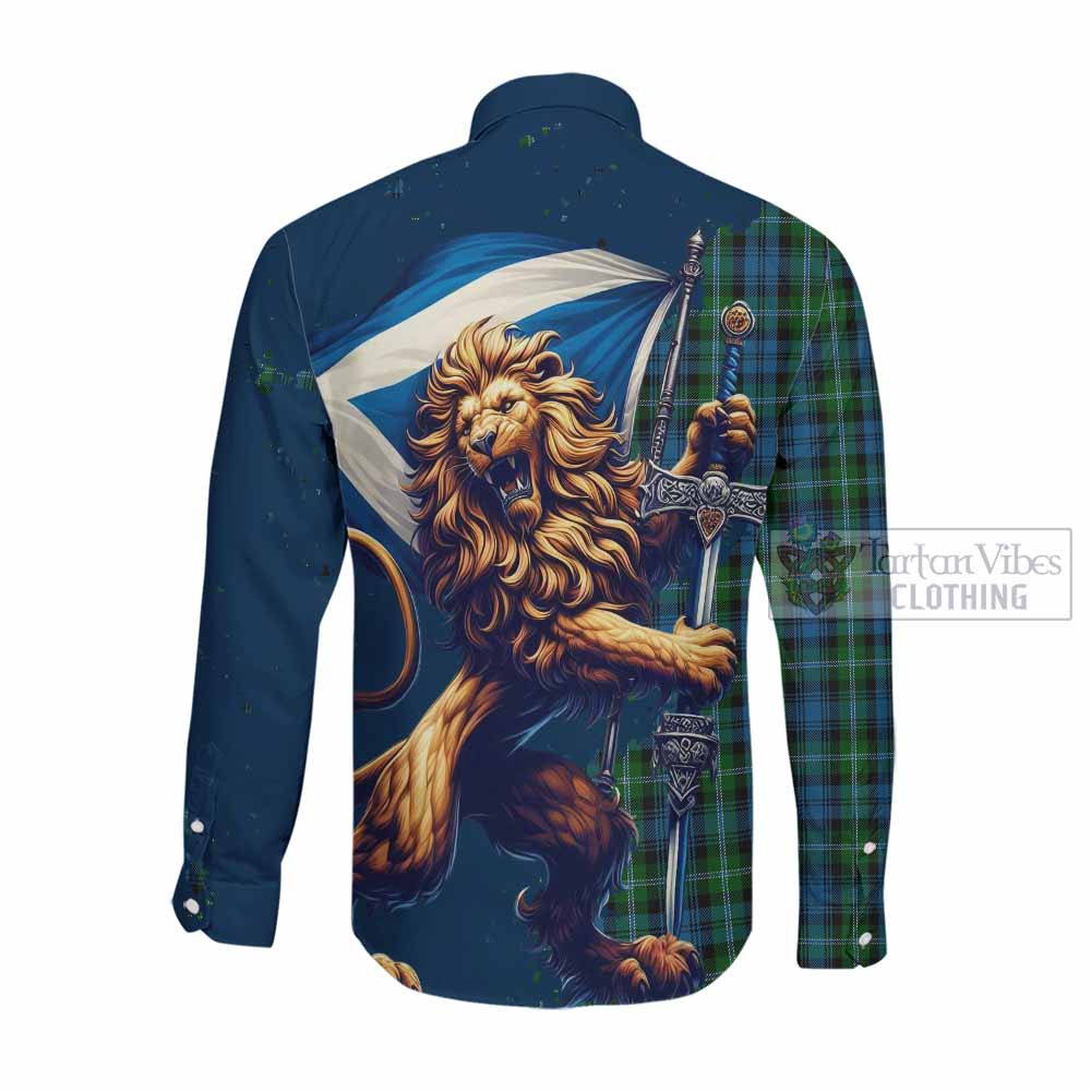 Tartan Vibes Clothing Lyon Tartan Family Crest Long Sleeve Button Shirt with Scottish Majestic Lion