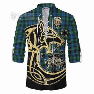 Lyon Tartan Ghillie Kilt Shirt with Family Crest Celtic Wolf Style - Tartan Vibes Clothing