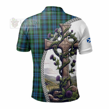 Lyon Tartan Polo Shirt with Family Crest and St. Andrew's Cross Accented by Thistle Vines - Tartan Vibes Clothing