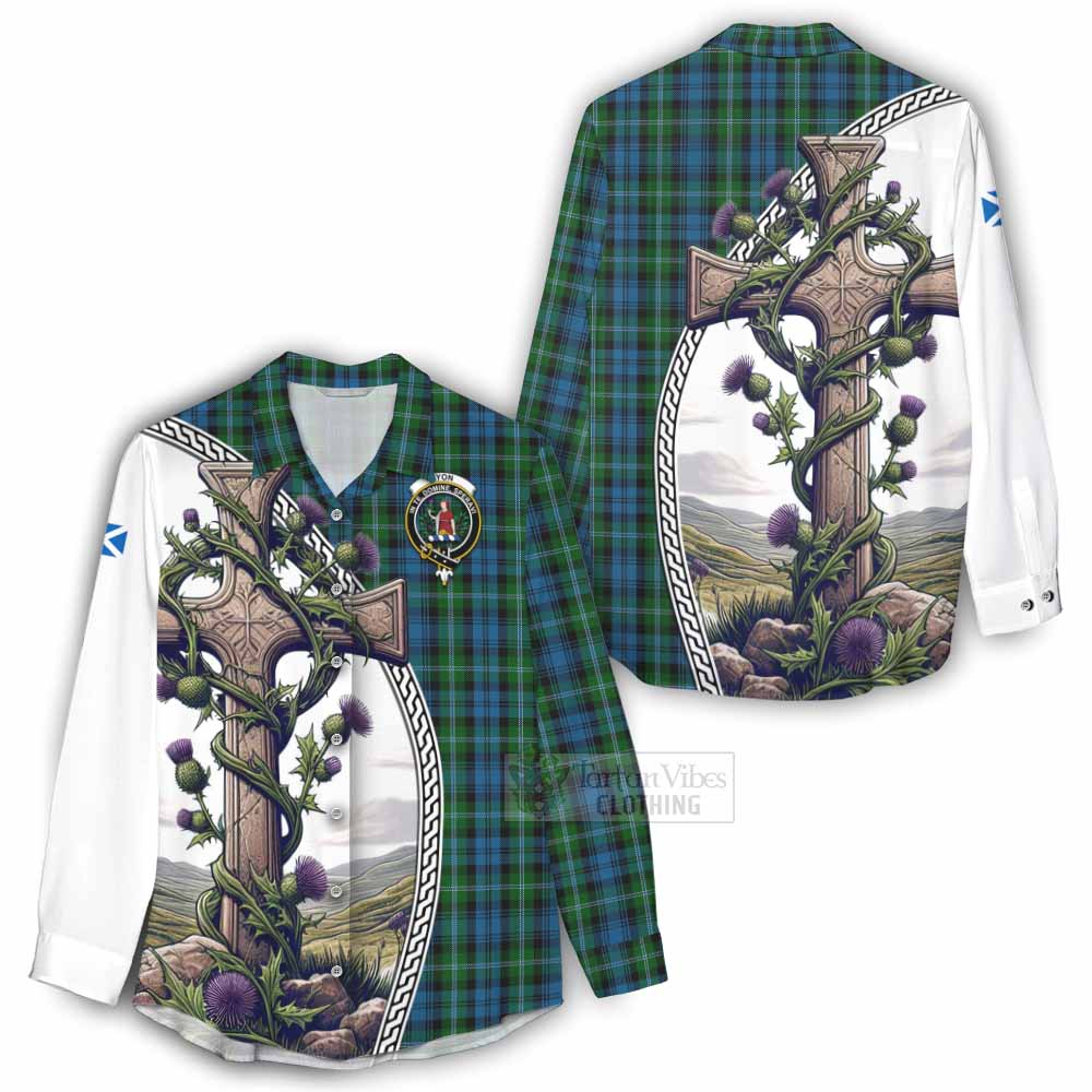 Tartan Vibes Clothing Lyon Tartan Women's Casual Shirt with Family Crest and St. Andrew's Cross Accented by Thistle Vines