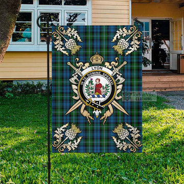 Lyon Tartan Garden Flag with Family Crest and Golden Thistle Crossed Sword Design Garden Flag - Tartan Vibes Clothing