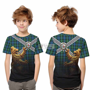 Lyon Crest Tartan Kid T-Shirt with Golden Lion Emblem Celtic Style - Tartan Vibes Clothing