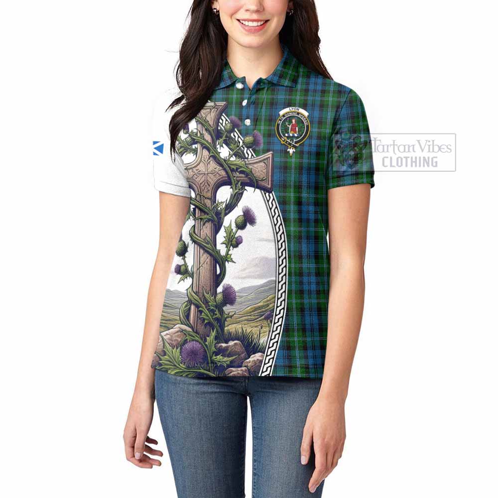 Tartan Vibes Clothing Lyon Tartan Women's Polo Shirt with Family Crest and St. Andrew's Cross Accented by Thistle Vines