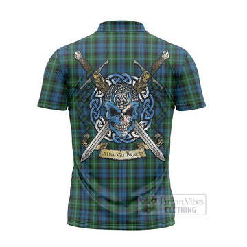 Lyon Tartan Zipper Polo Shirt with Family Crest Celtic Skull Style - Tartan Vibes Clothing
