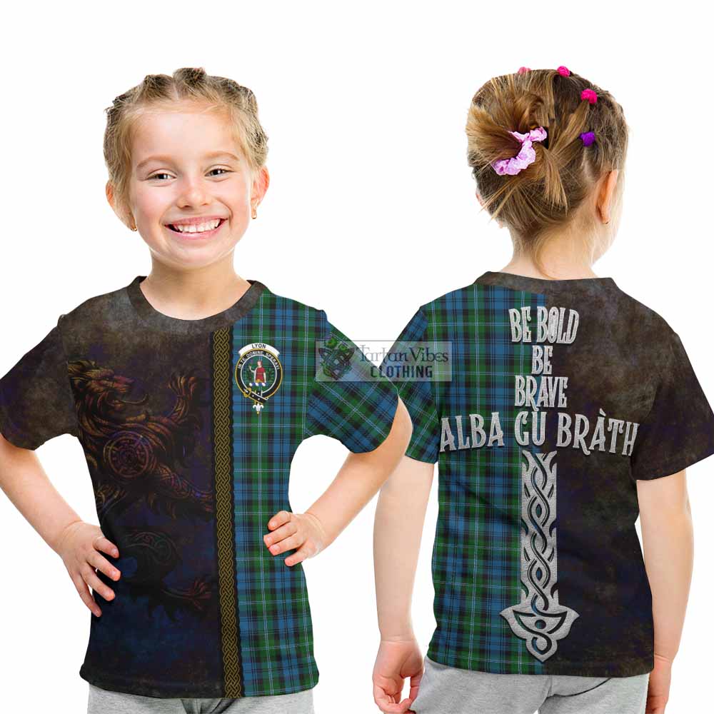 Lyon Tartan Family Crest Kid T-Shirt Alba Gu Brath Be Brave Lion Ancient Style - Tartan Vibes Clothing