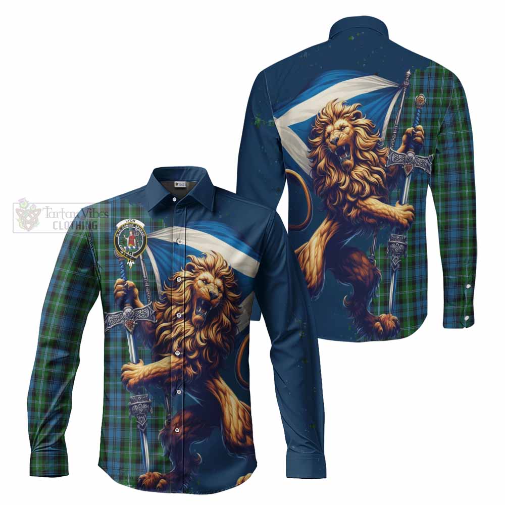 Tartan Vibes Clothing Lyon Tartan Family Crest Long Sleeve Button Shirt with Scottish Majestic Lion