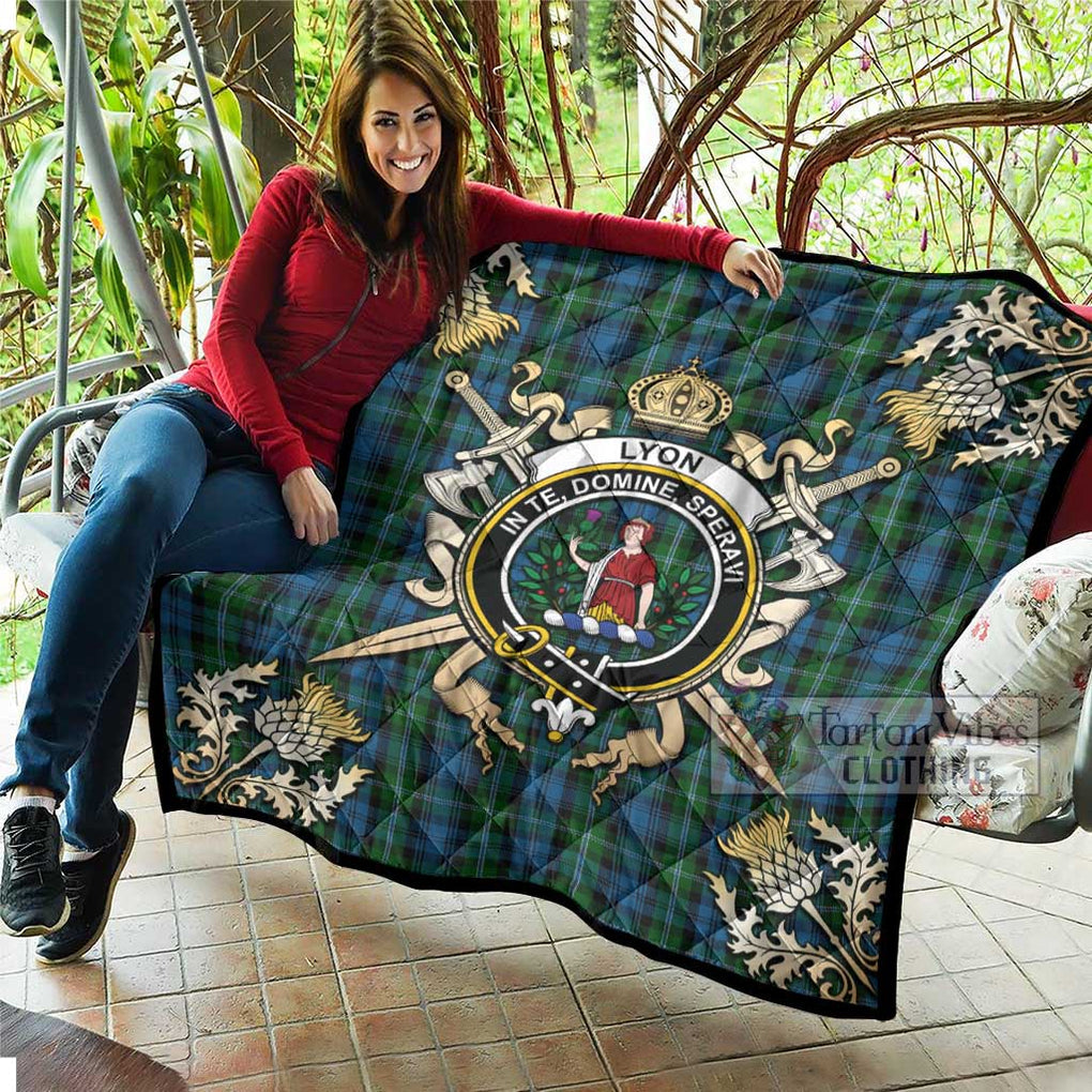 Tartan Vibes Clothing Lyon Tartan Quilt with Family Crest and Scottish Golden Courage Shield