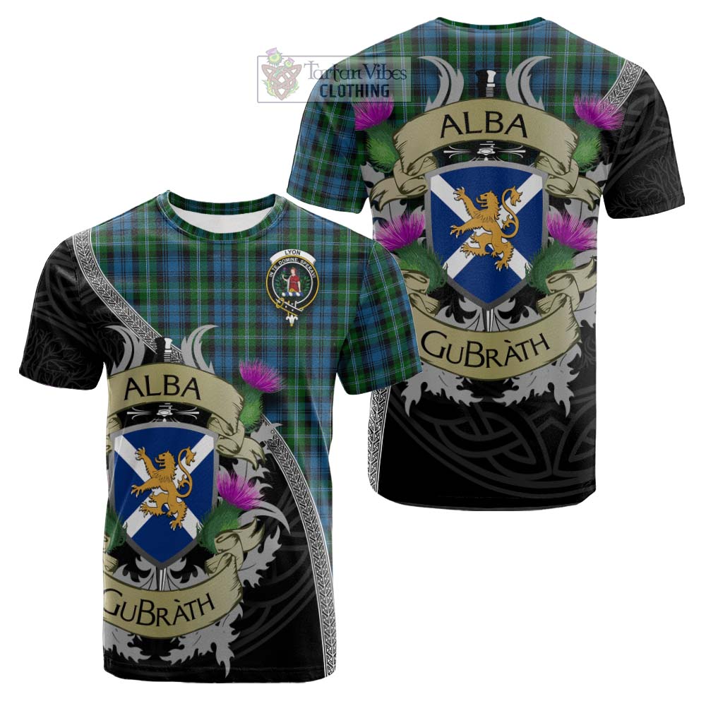 Lyon Tartan Family Crest Cotton T-shirt Lion Rampant Royal Thistle Shield Celtic Inspired - Tartan Vibes Clothing
