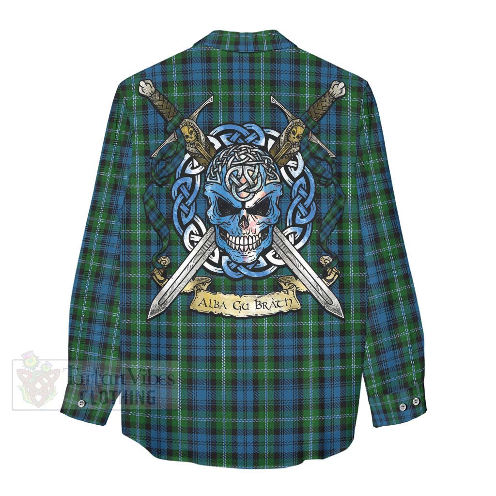 Tartan Vibes Clothing Lyon Tartan Women's Casual Shirt with Family Crest Celtic Skull Style