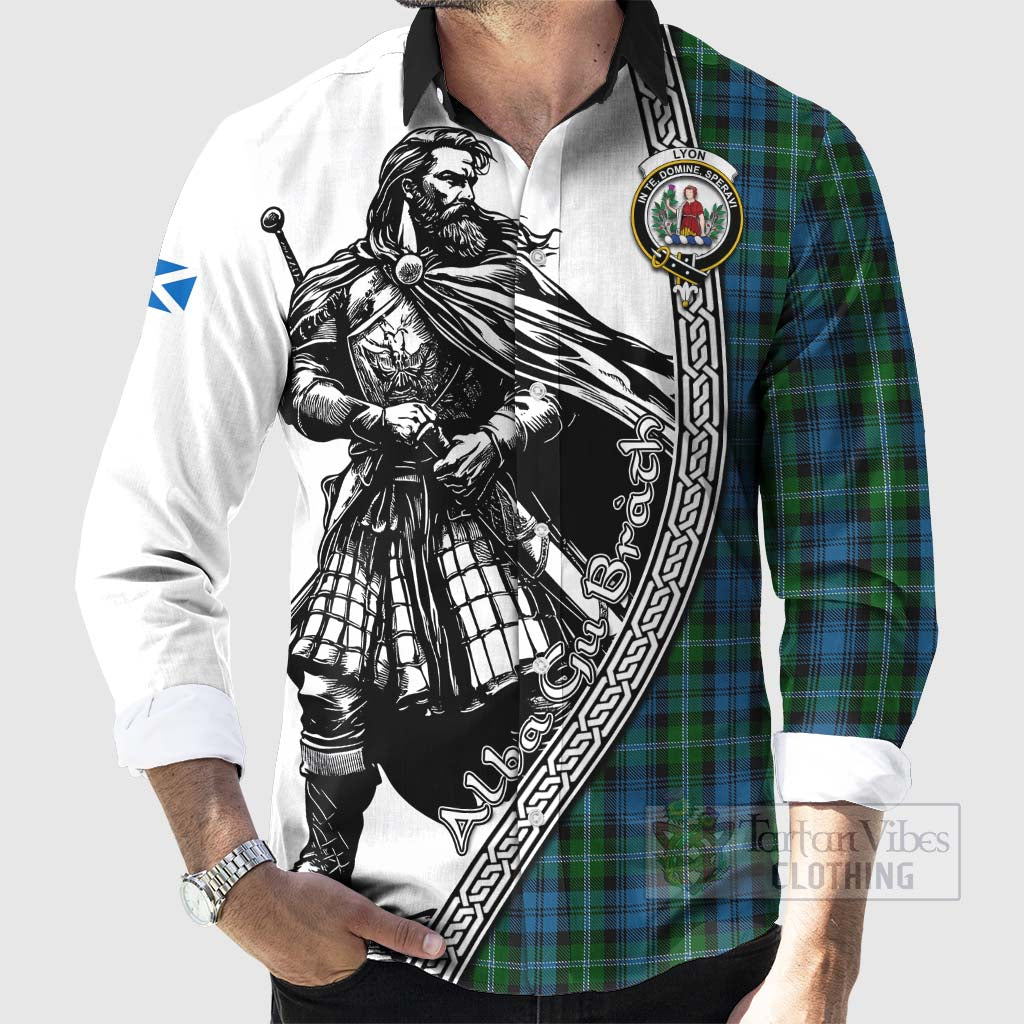 Tartan Vibes Clothing Lyon Tartan Clan Crest Long Sleeve Button Shirt with Highlander Warrior Celtic Style