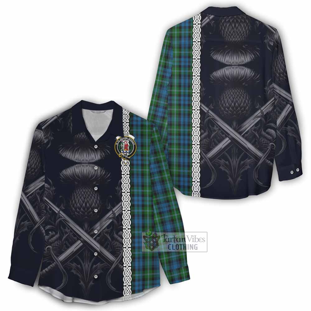 Tartan Vibes Clothing Lyon Tartan Women's Casual Shirt with Family Crest Cross Sword Thistle Celtic Vibes