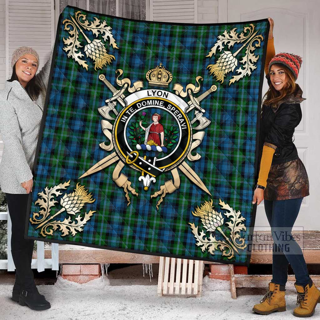 Tartan Vibes Clothing Lyon Tartan Quilt with Family Crest and Scottish Golden Courage Shield