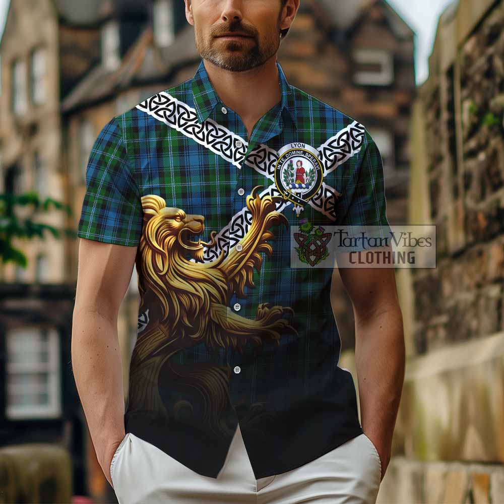 Lyon Crest Tartan Hawaiian Shirt with Golden Lion Emblem Celtic Style - Tartan Vibes Clothing