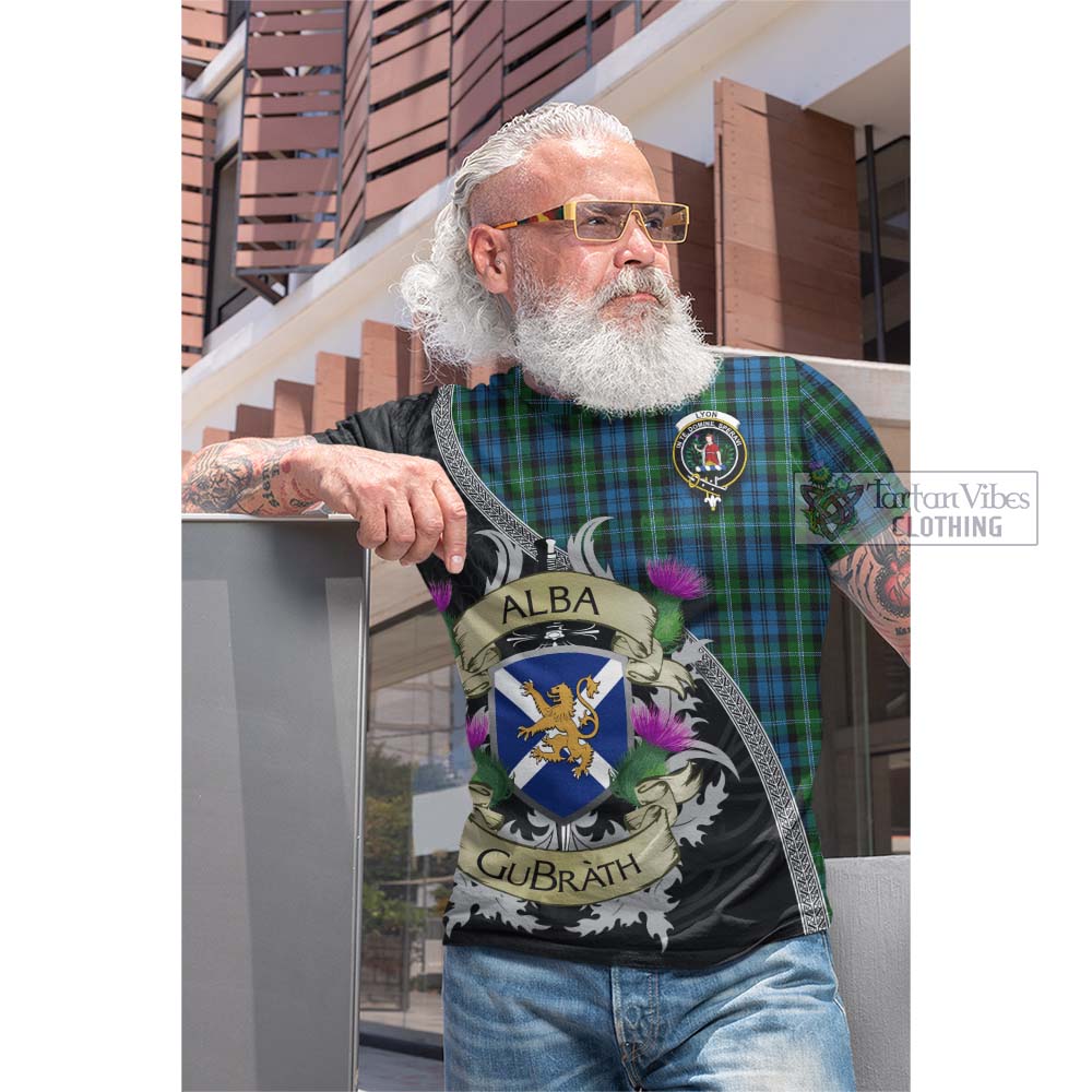 Lyon Tartan Family Crest Cotton T-shirt Lion Rampant Royal Thistle Shield Celtic Inspired - Tartan Vibes Clothing