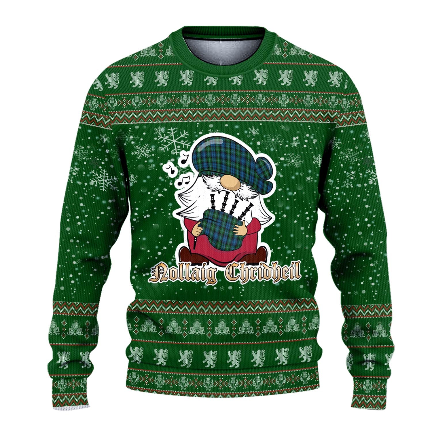 Lyon Clan Christmas Family Knitted Sweater with Funny Gnome Playing Bagpipes - Tartanvibesclothing