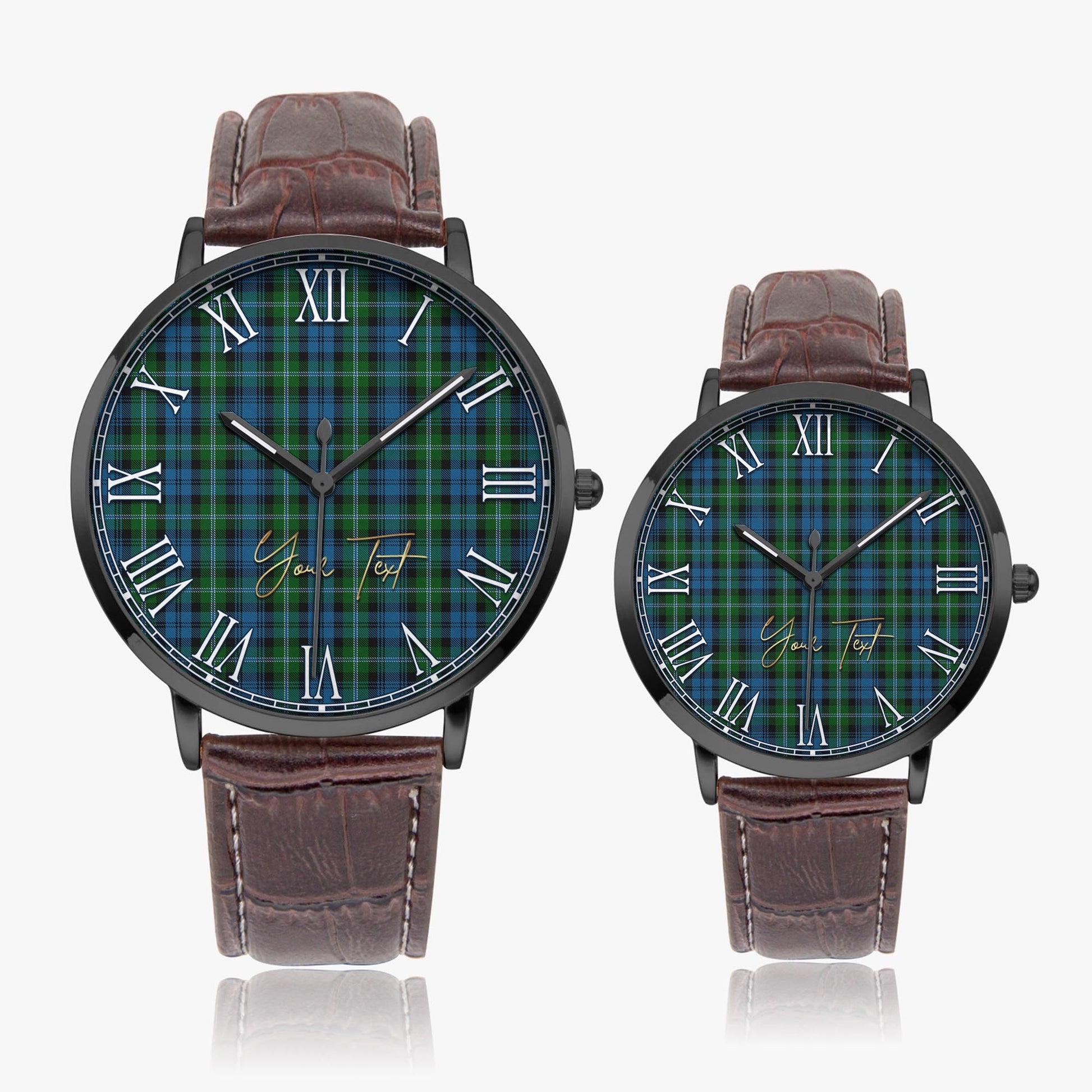 Lyon Tartan Personalized Your Text Leather Trap Quartz Watch Ultra Thin Black Case With Brown Leather Strap - Tartanvibesclothing