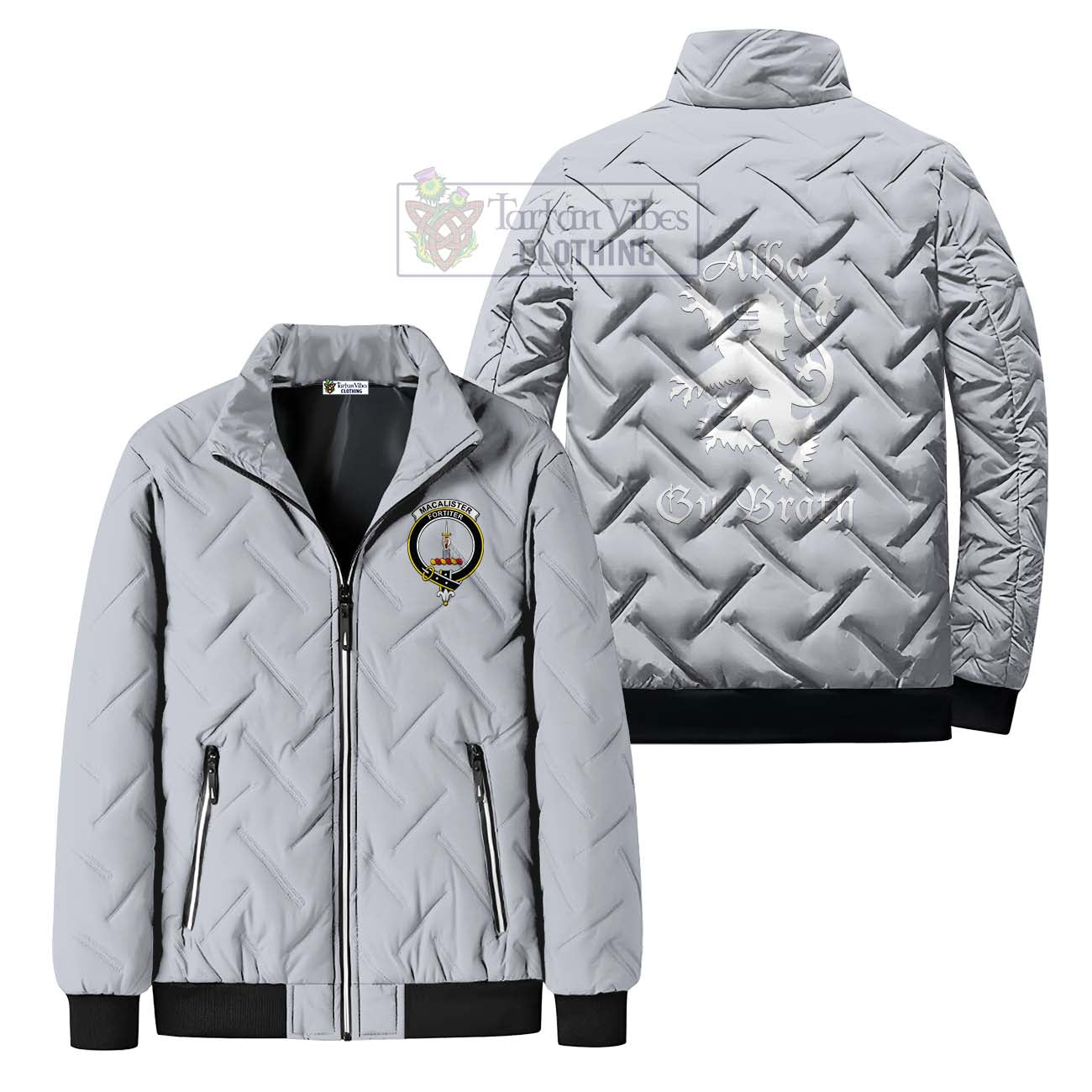 Tartan Vibes Clothing MacAlister Family Crest Padded Cotton Jacket Lion Rampant Alba Gu Brath Style