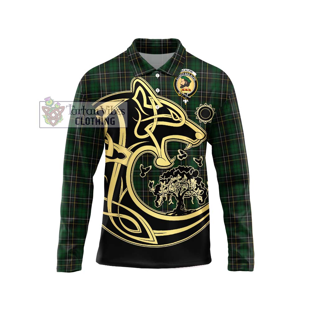 MacAlpine (MacAlpin) Tartan Long Sleeve Polo Shirt with Family Crest Celtic Wolf Style Unisex - Tartan Vibes Clothing