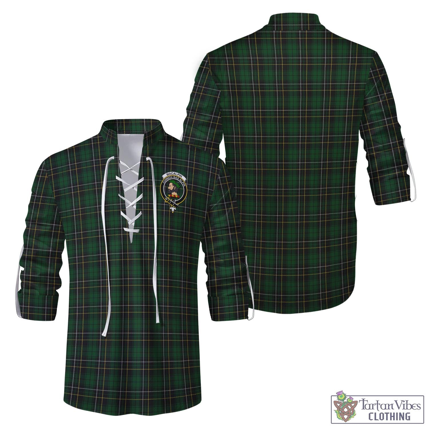 Tartan Vibes Clothing MacAlpin Tartan Men's Scottish Traditional Jacobite Ghillie Kilt Shirt with Family Crest