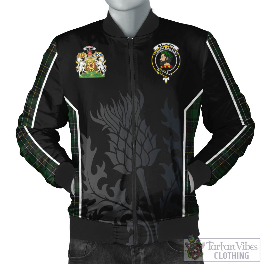 Tartan Vibes Clothing MacAlpin Tartan Bomber Jacket with Family Crest and Scottish Thistle Vibes Sport Style