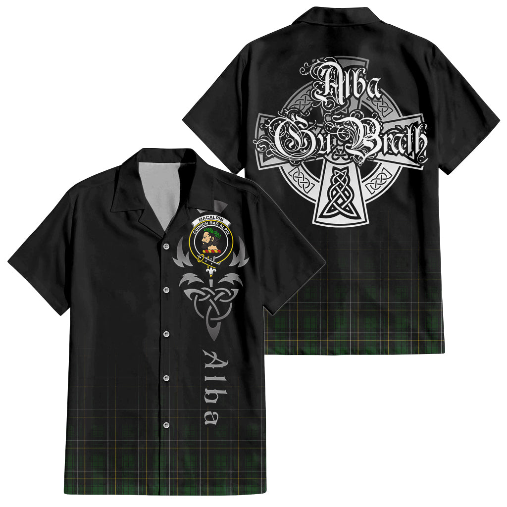 Tartan Vibes Clothing MacAlpin Tartan Short Sleeve Button Up Featuring Alba Gu Brath Family Crest Celtic Inspired