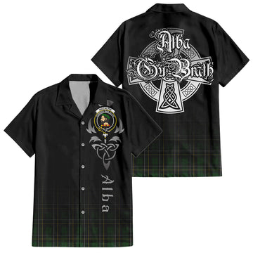 MacAlpine (MacAlpin) Tartan Short Sleeve Button Up Shirt Featuring Alba Gu Brath Family Crest Celtic Inspired