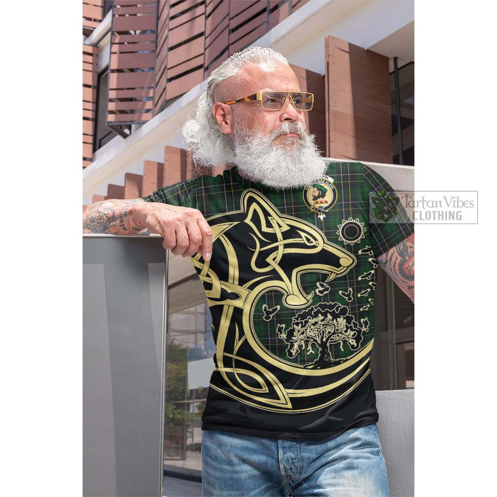 Tartan Vibes Clothing MacAlpin Tartan Cotton T-shirt with Family Crest Celtic Wolf Style