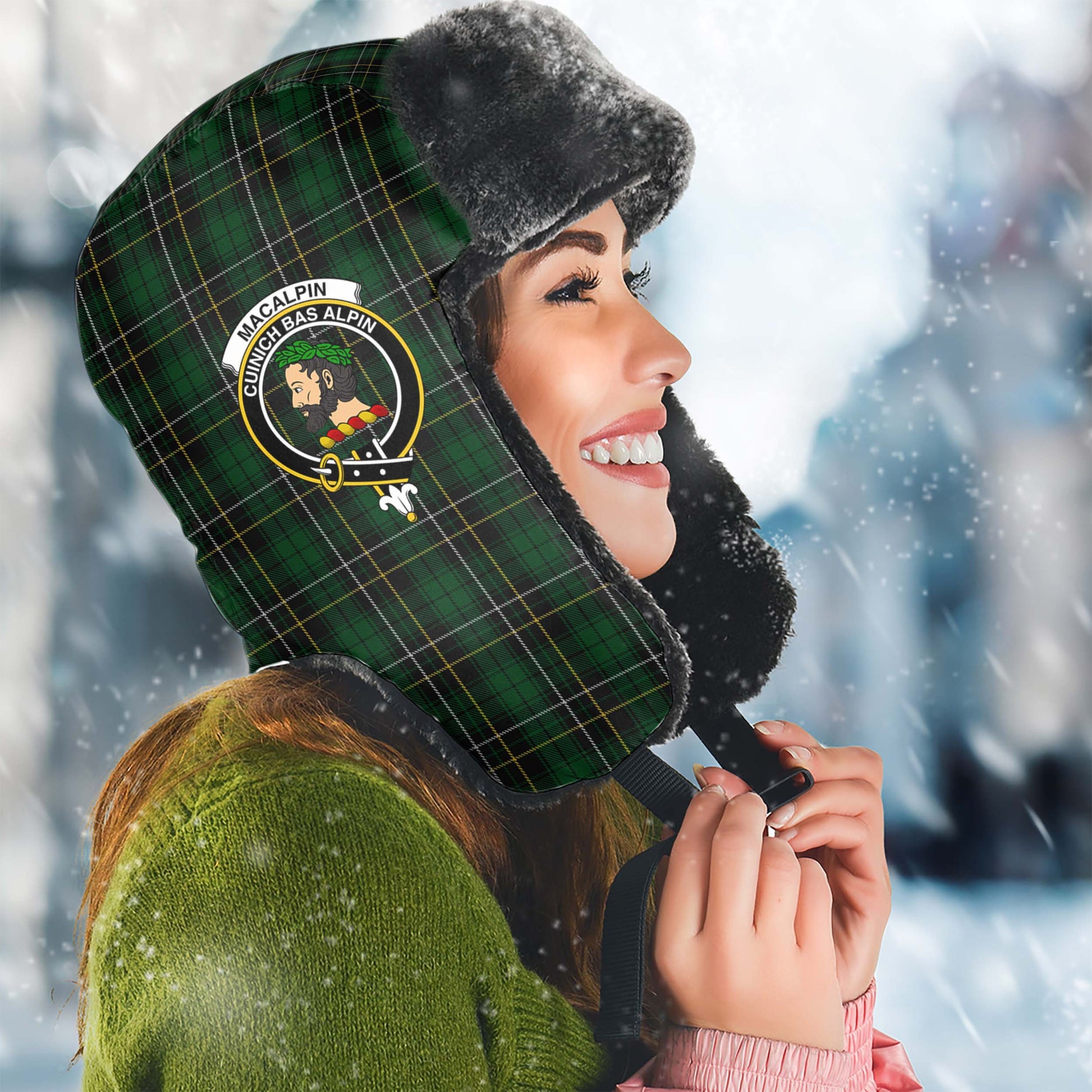 MacAlpin Tartan Winter Trapper Hat with Family Crest Winter Trapper Hat Universal Fit Circumference 22.8in (58cm) - Tartanvibesclothing